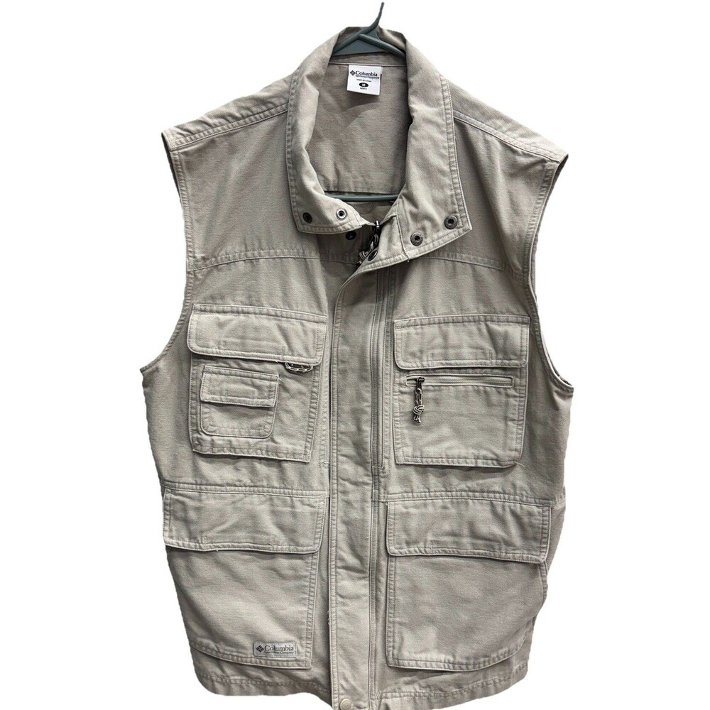 Columbia Sportswear Company Men's Khaki 6 Pocket Cotton Denim Vest Medium